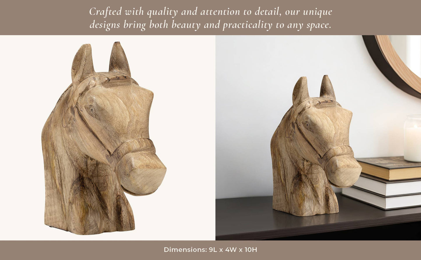 Figurine - Brown Wood Modern Handcrafted Horse Head, 11 in.