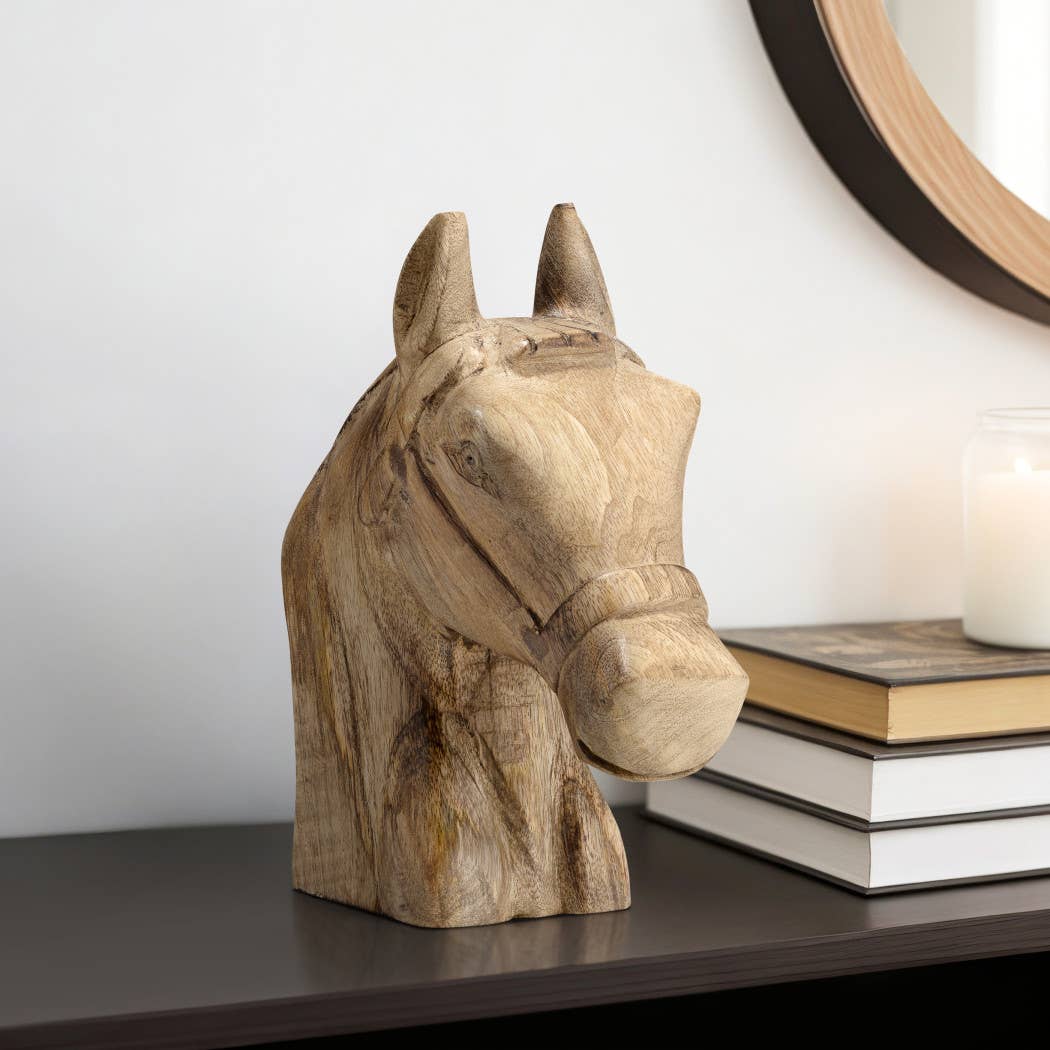 Figurine - Brown Wood Modern Handcrafted Horse Head, 11 in.