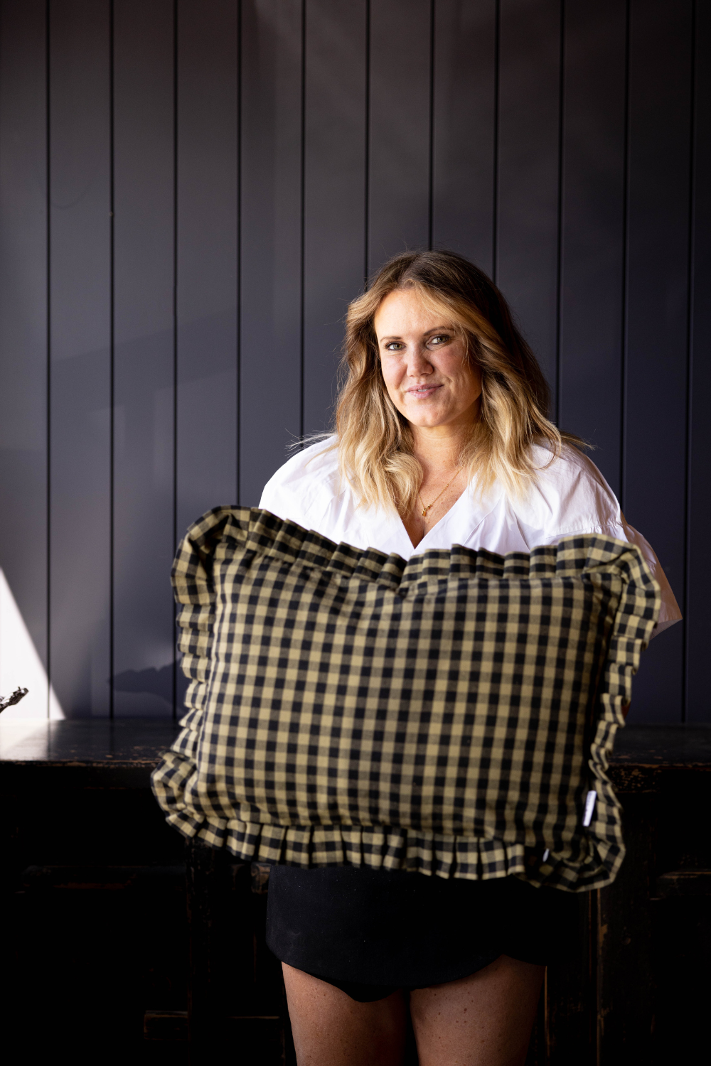 Ruffle Pillow Sham Olive Green Gingham