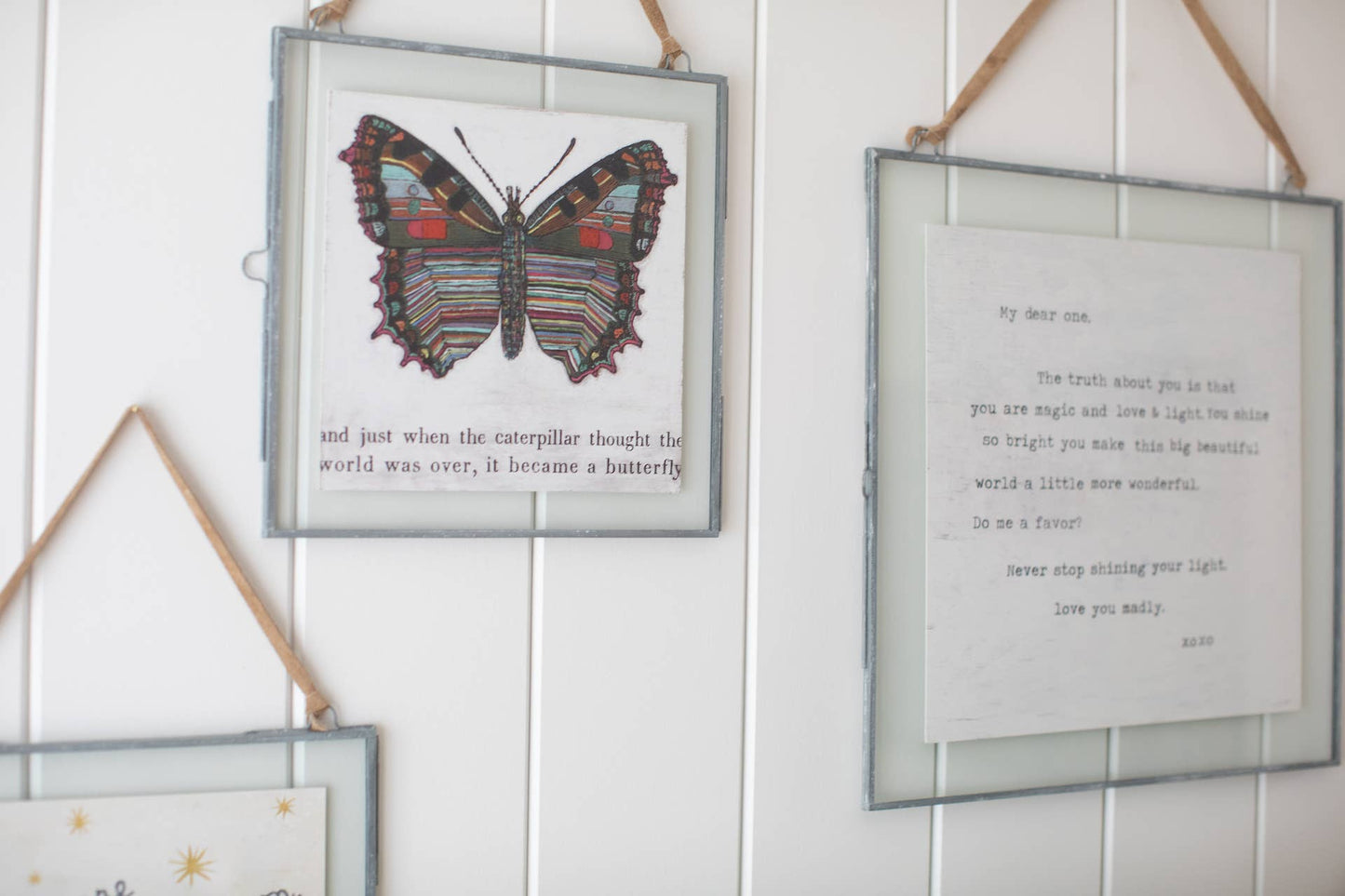 Glass and Metal Wall Hanging Picture Frame with Brown Suede
