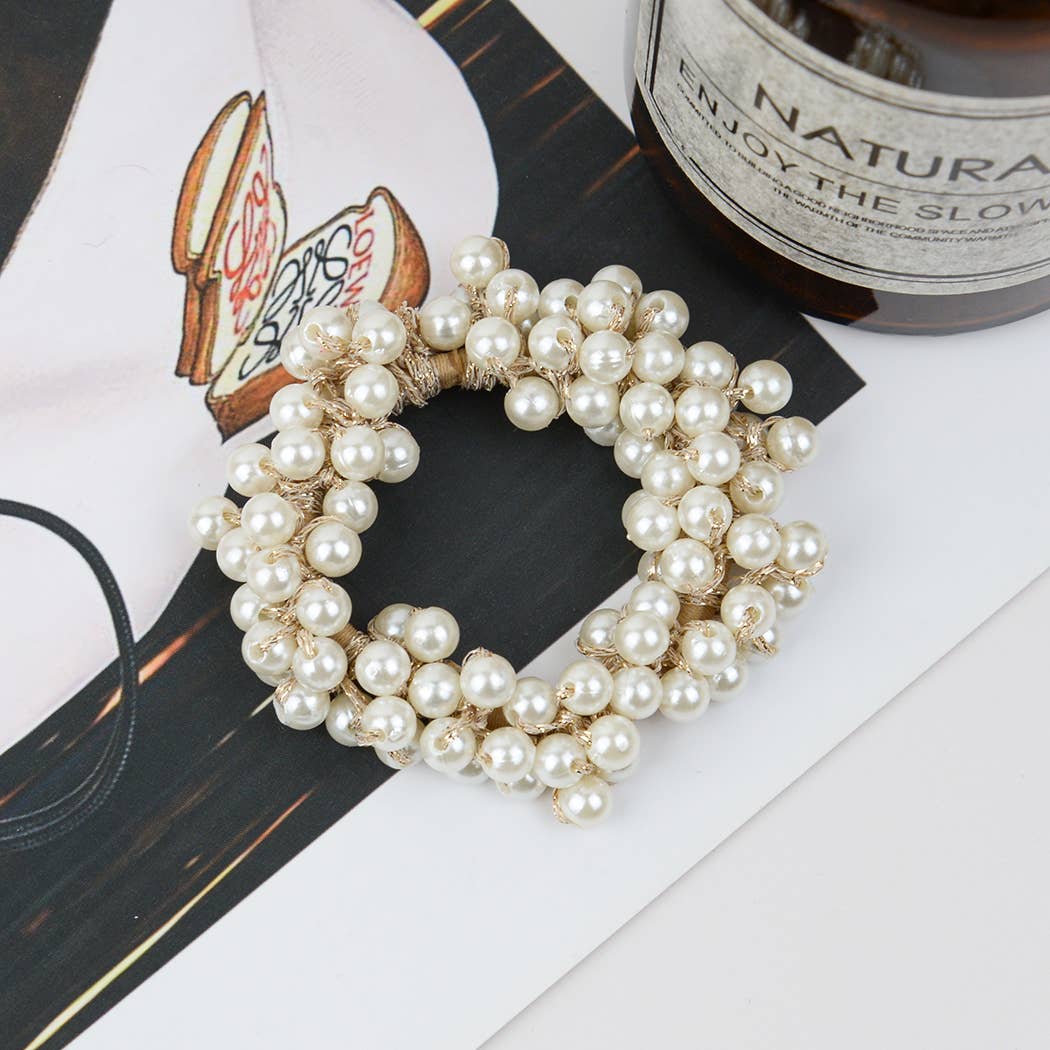 Beaded Hair Scrunchies, Faux Pearl Hair Tie