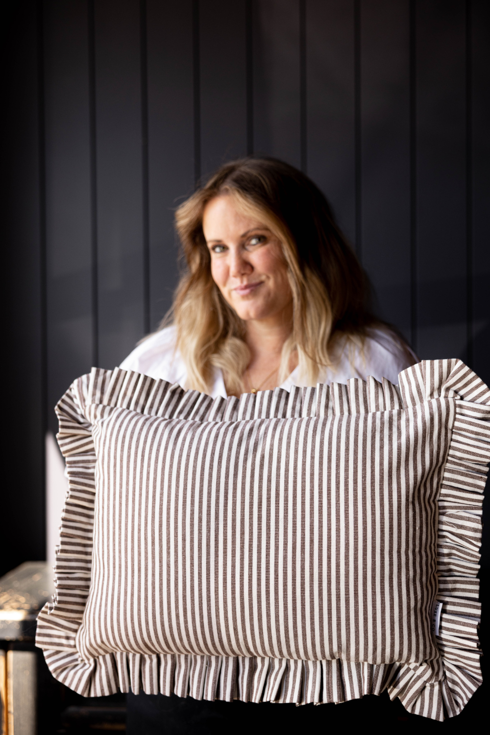 Ruffle Lumbar Pillow Brown White Stripes