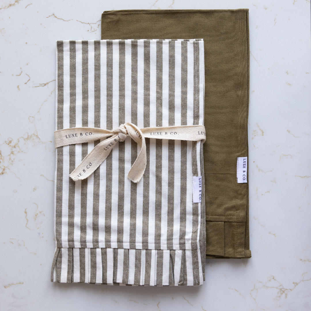 Olive Green & White Stripes Ruffle Kitchen Dish Towel