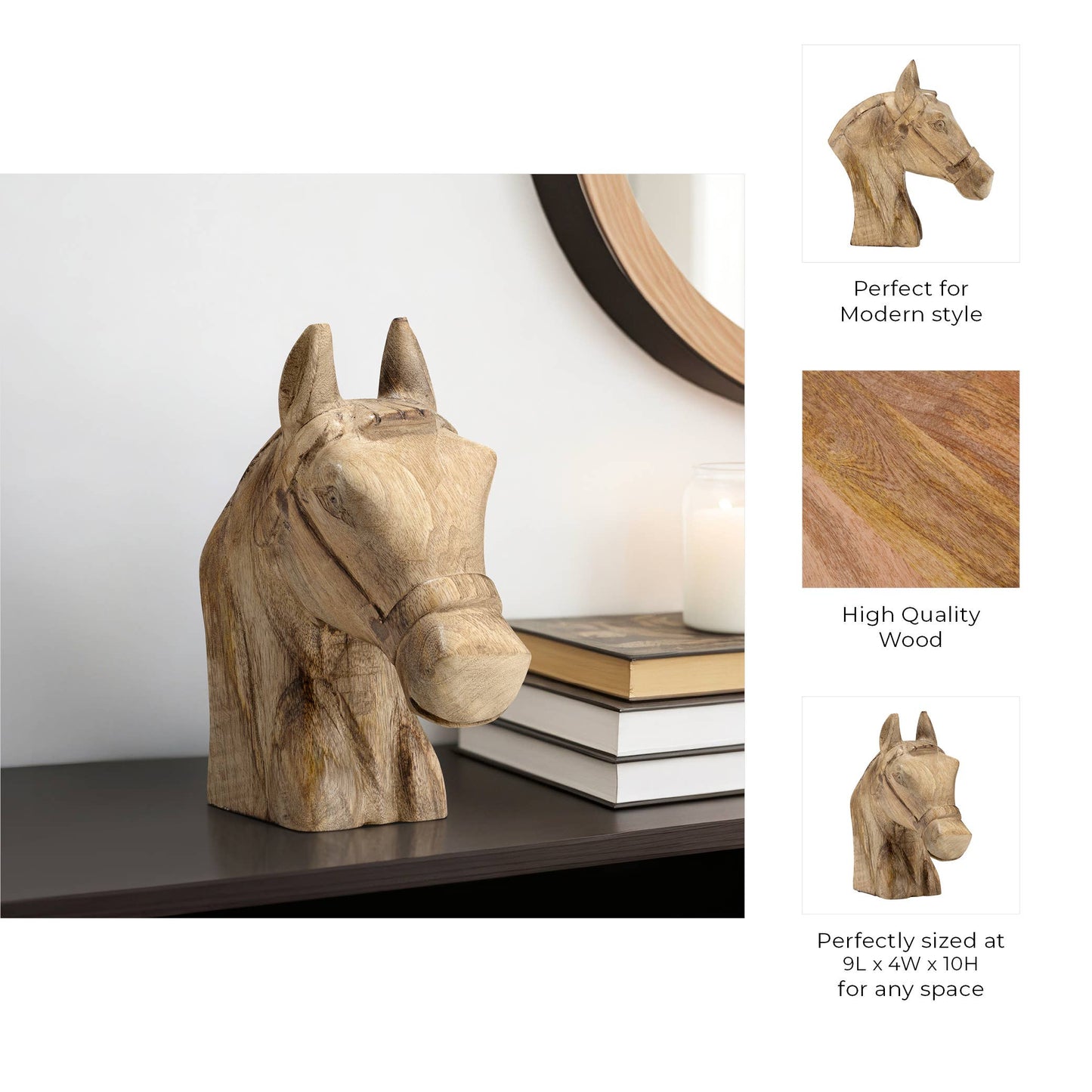 Figurine - Brown Wood Modern Handcrafted Horse Head, 11 in.