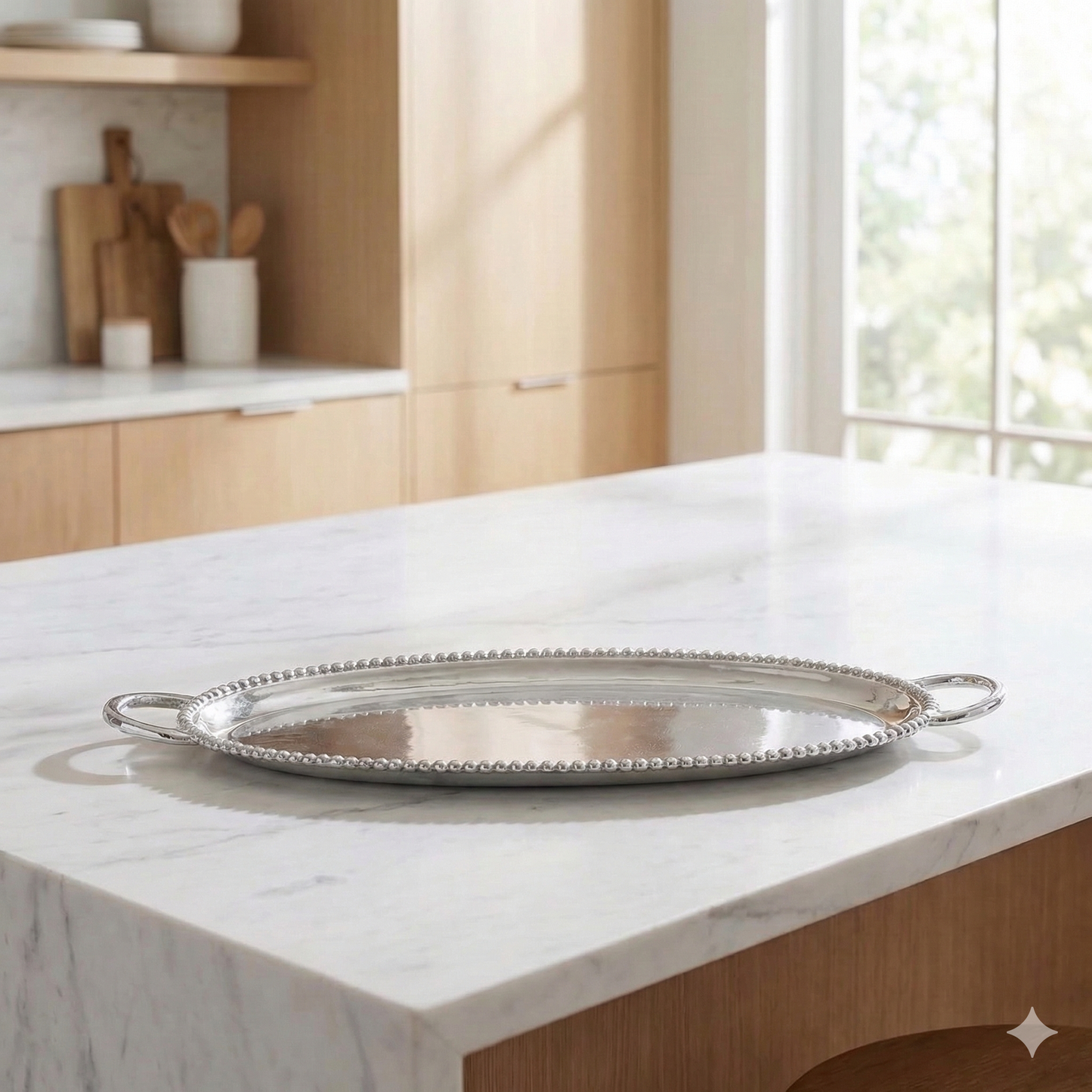 Aluminum Beaded Oval Tray With Handles