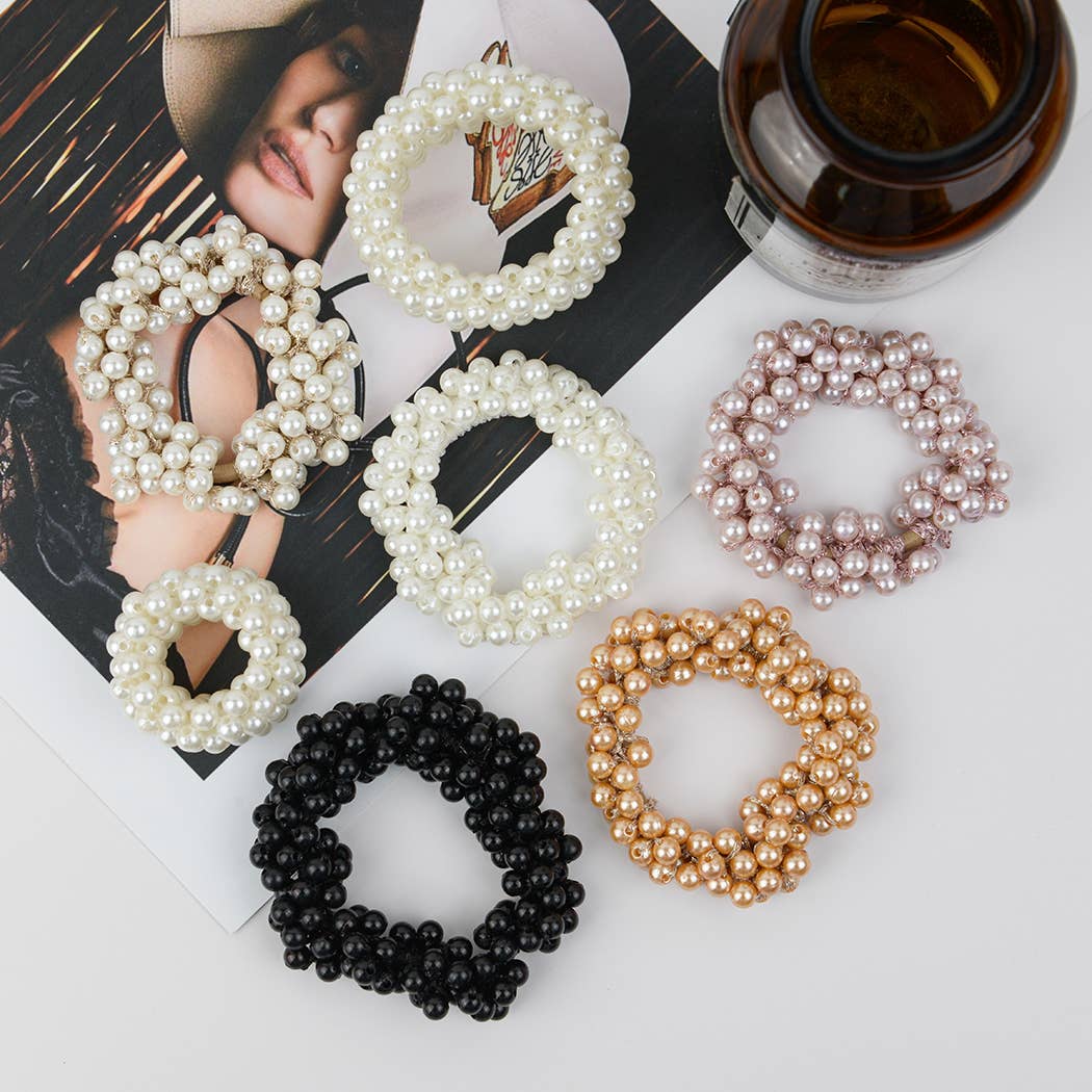 Beaded Hair Scrunchies, Faux Pearl Hair Tie