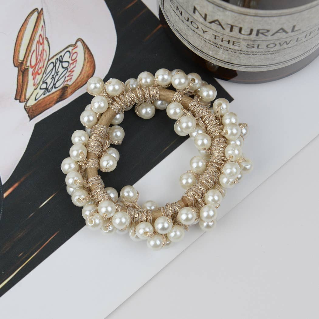 Beaded Hair Scrunchies, Faux Pearl Hair Tie