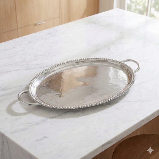 Aluminum Beaded Oval Tray With Handles