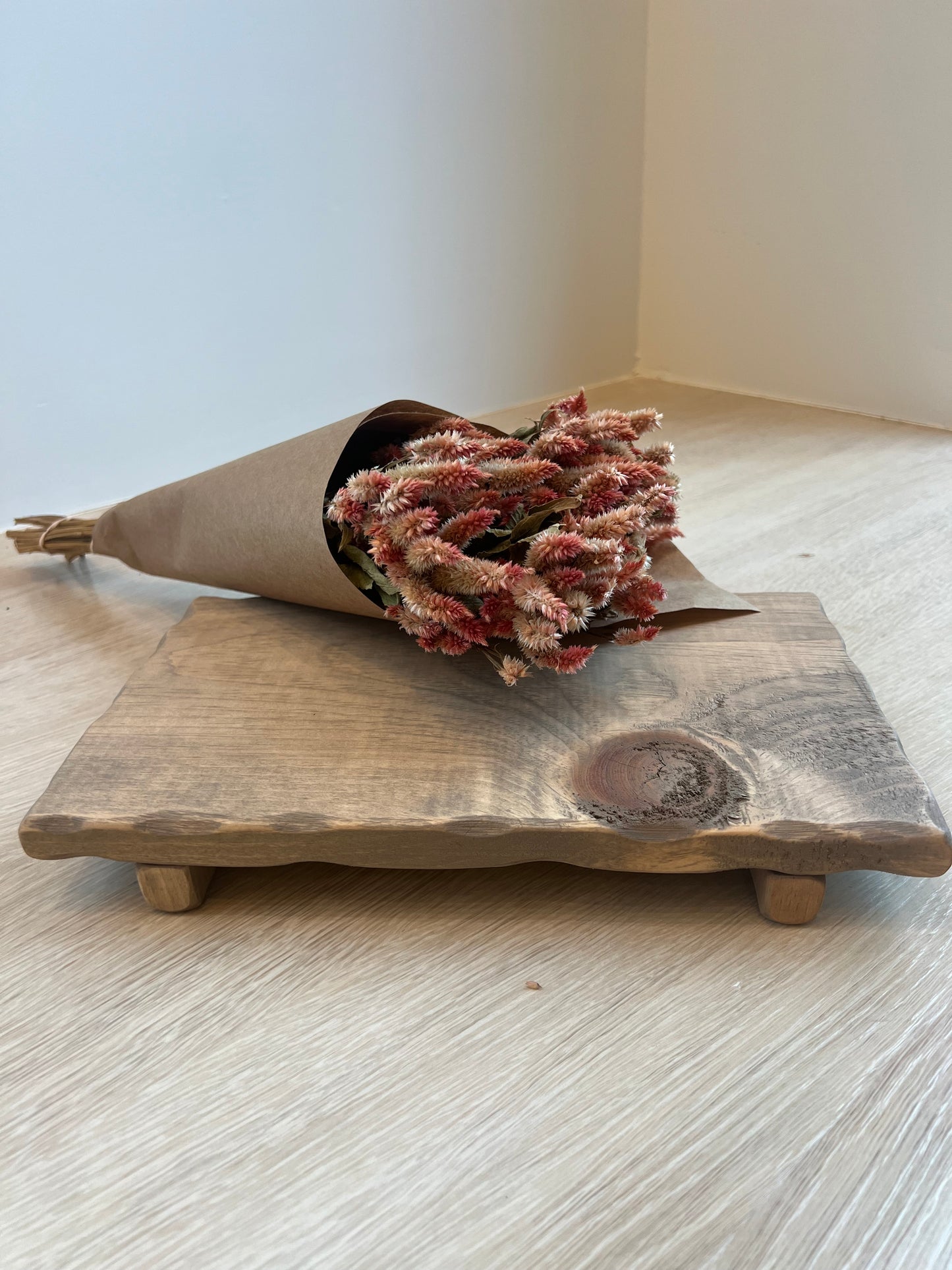 Wooden wall art with a cone-shaped plant on a light background