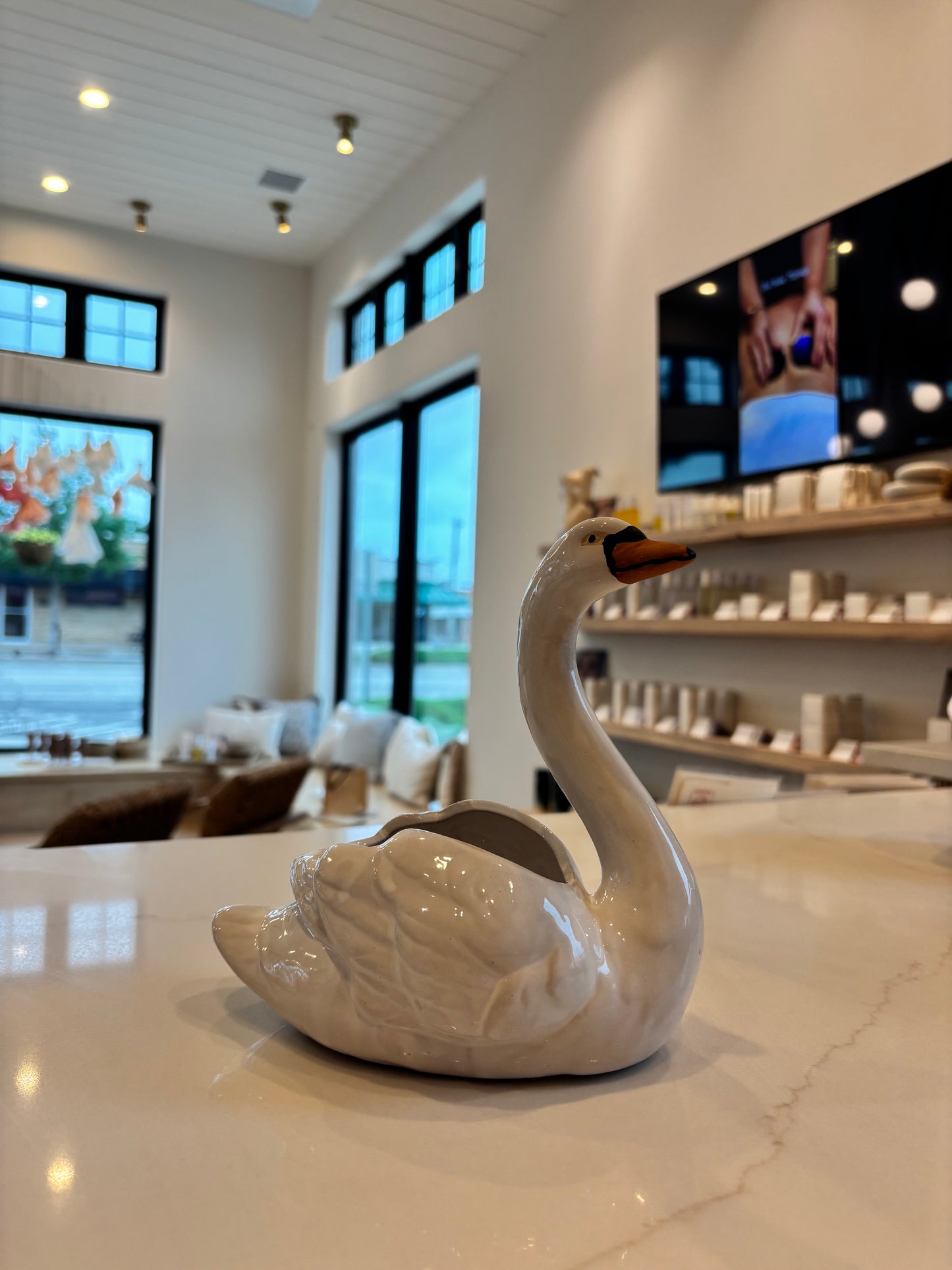Stoneware Swan Planter White, Black & Orange Color