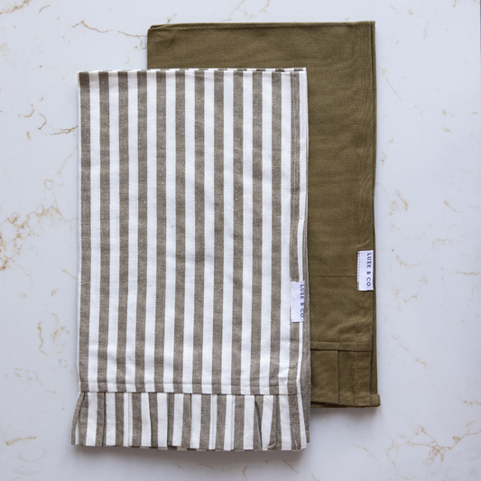 Olive Green & White Stripes Ruffle Kitchen Dish Towel