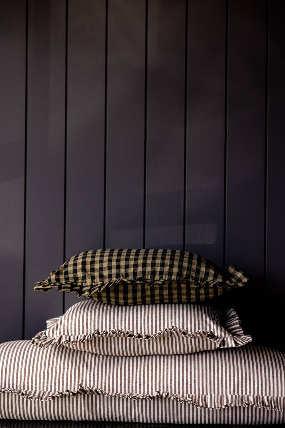 Ruffle Lumbar Pillow Brown White Stripes