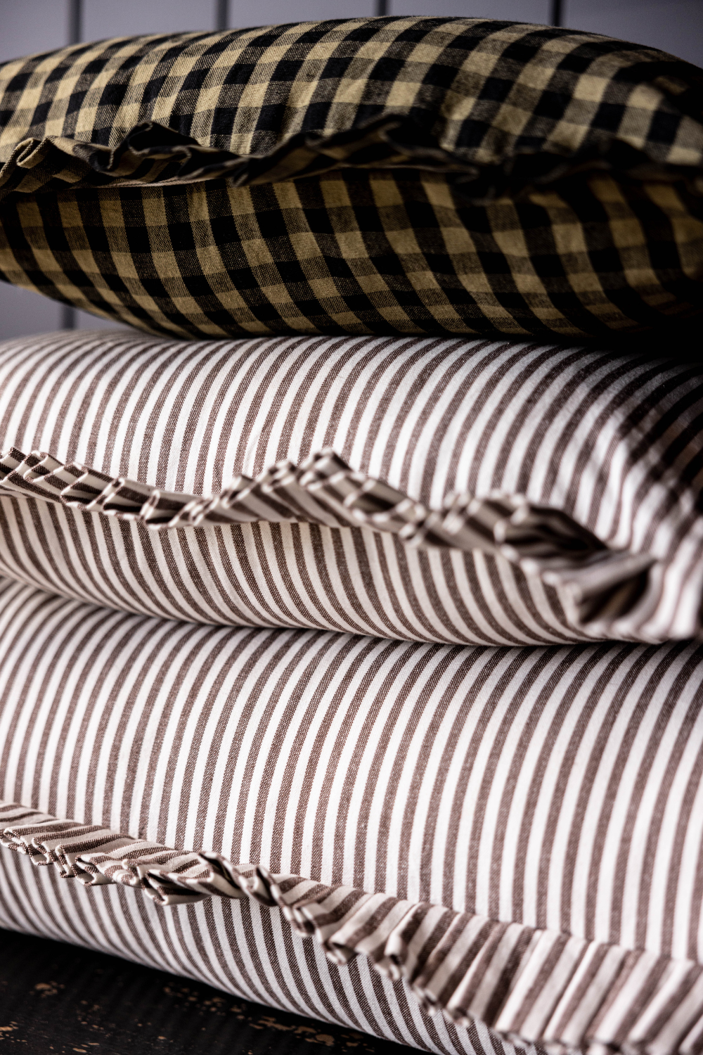 Ruffle Lumbar Pillow Brown White Stripes