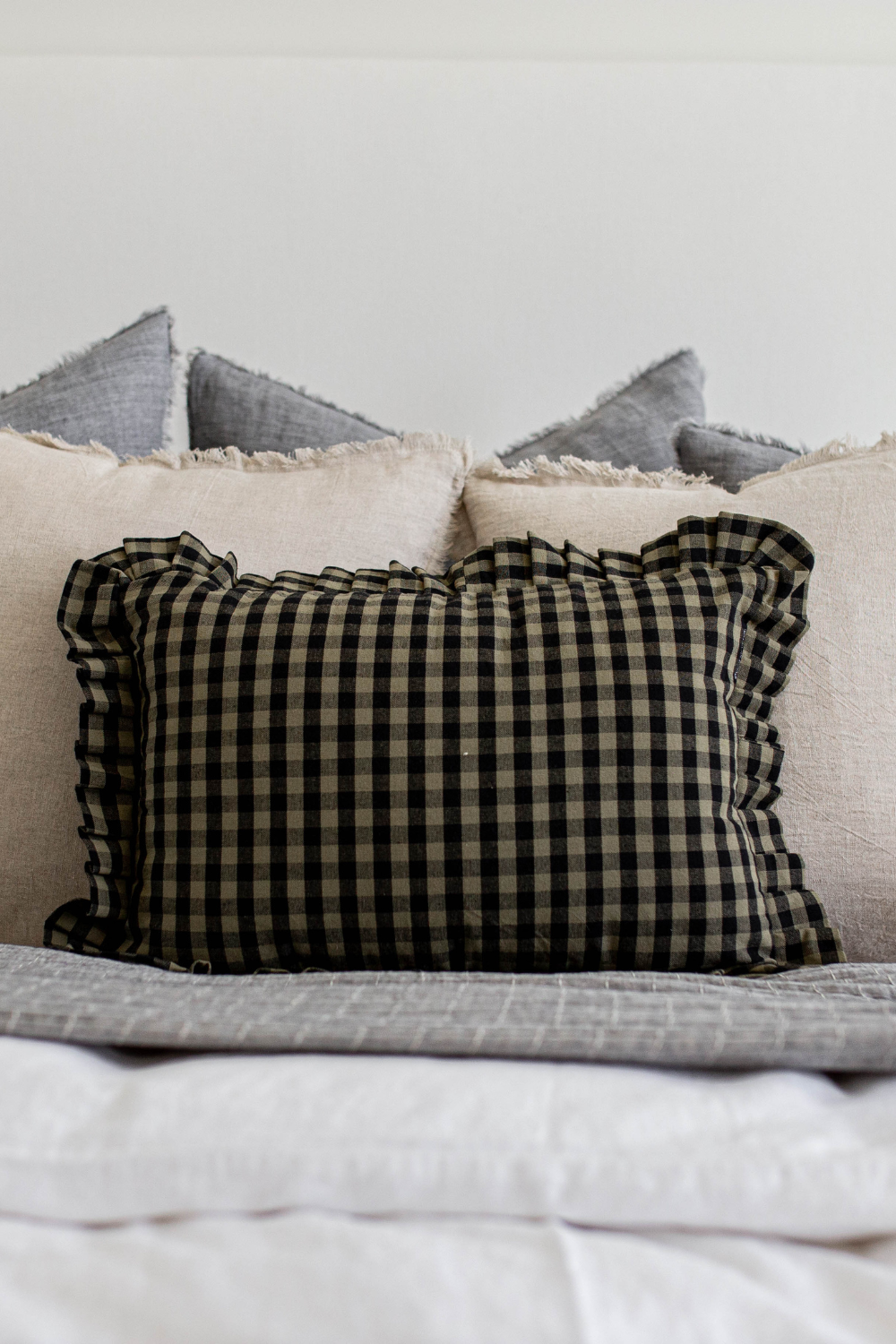 Ruffle Pillow Sham Olive Green Gingham
